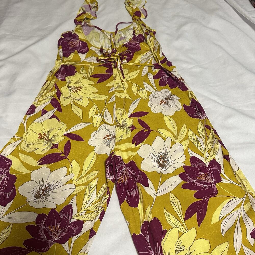 BOG Collective Floral Print Sleeveless Jumpsuit Wide Leg Yellow White Size Small